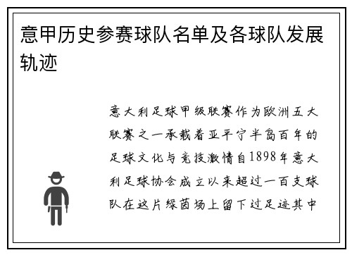 意甲历史参赛球队名单及各球队发展轨迹