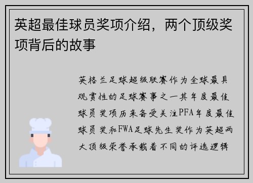 英超最佳球员奖项介绍，两个顶级奖项背后的故事